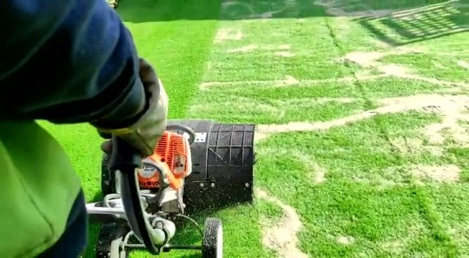 Técnico profesional de Paisajismo La Rioja acondicionando un paño de césped artificial. Acondicionando un paño de césped artificial.
